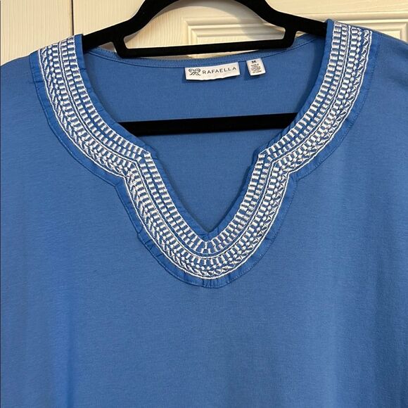 RAFAELLA Size 3X Blue White Embroidered V-Neck Coastal Nautical Blouse Shirt - Picture 3 of 5